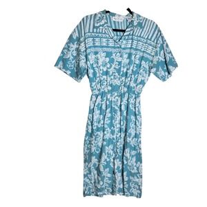 Together! Vintage Floral Rayon Midi Dress Blue White Elastic Waist Size 6